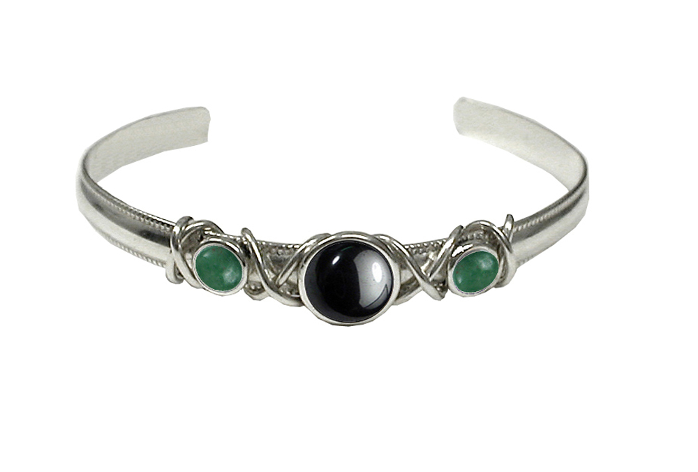 Sterling Silver Hand Made Cuff Bracelet With Hematite And Jade